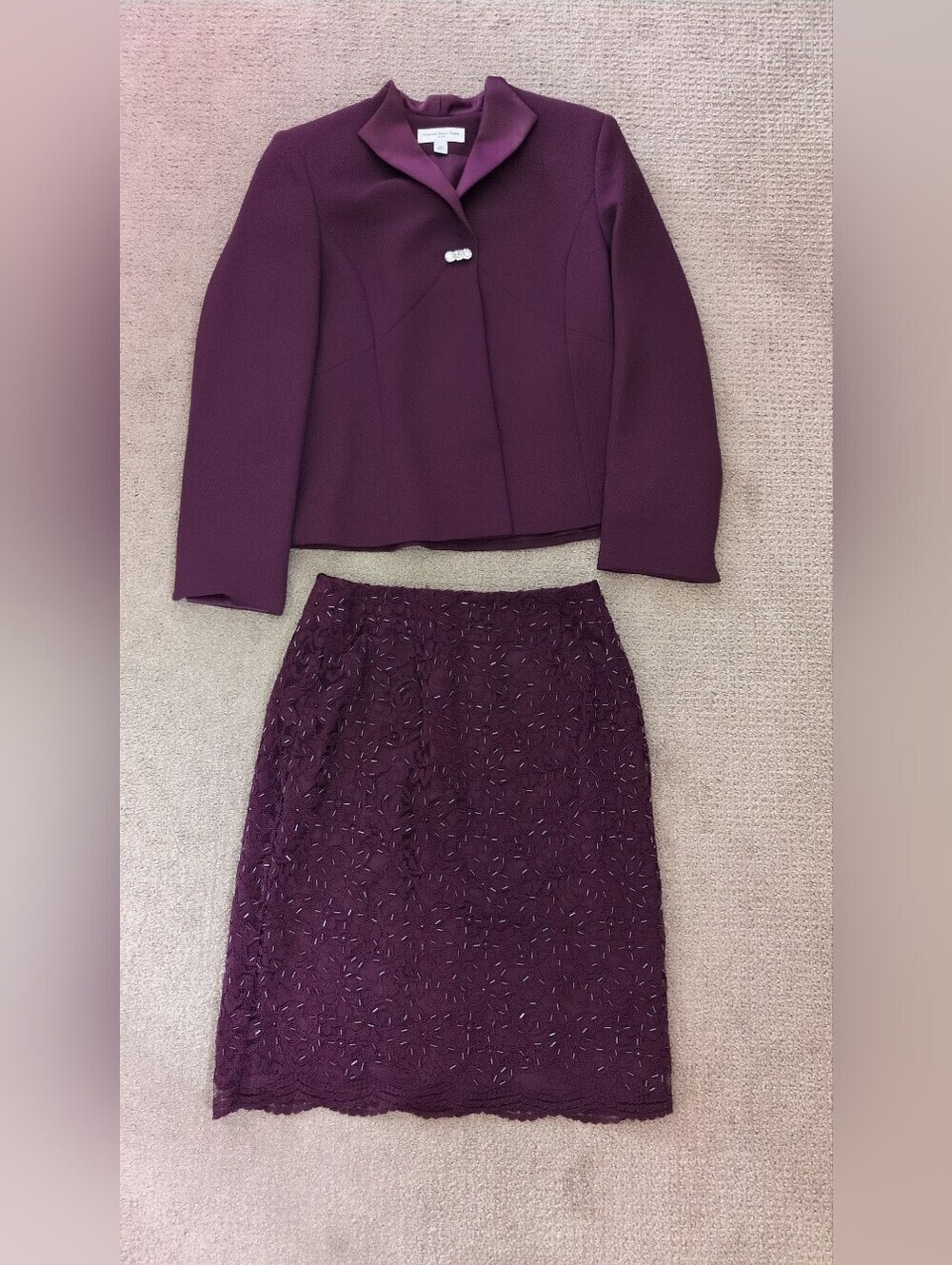 Amanda Smith Petite Eggplant Bejeweled Blazer And Matching Skirt Suit Set